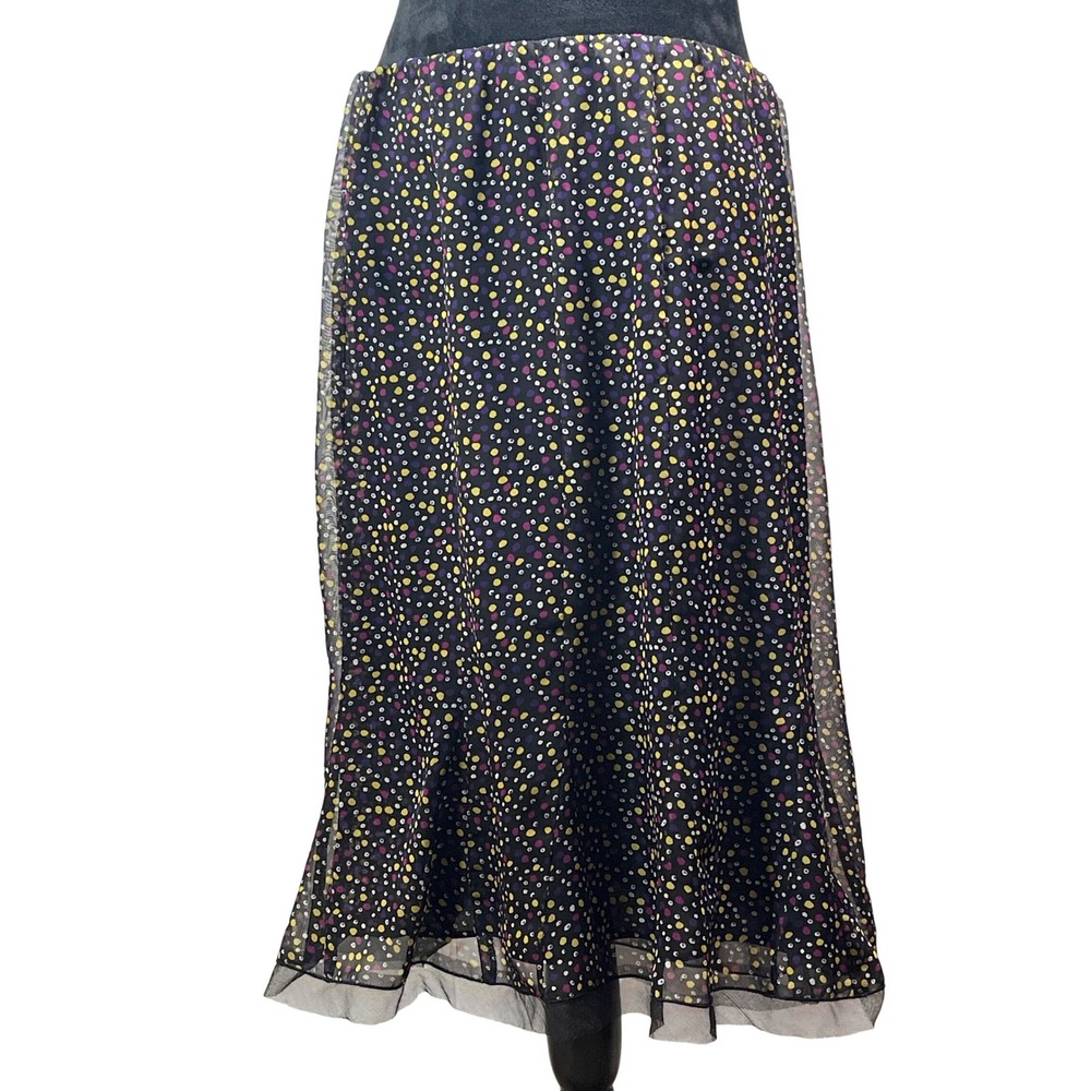 Cato Womens L Black Polka Dot Mesh Overlay Midi Skirt Elastic Waist Lined‎ goth